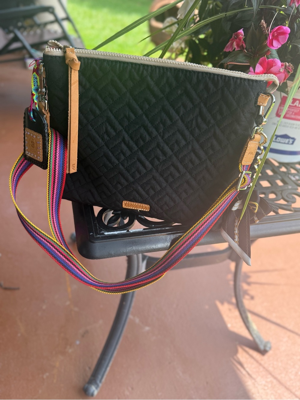 Consuela Black Quilted Crossbody Clutch Rainbow Strap EUC + Accessories - Picture 2 of 13